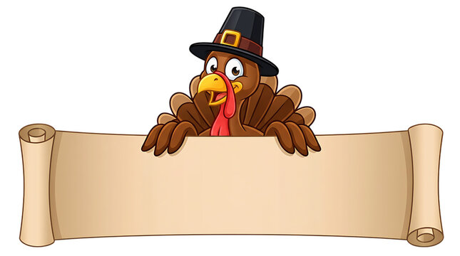 Cartoon turkey wearing a pilgrim hat holding a scroll
