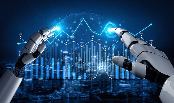 Robotic hands interact with digital graphs and data visualizations, illustrating advanced analytics and the future of technology in modern business environments. Scalp