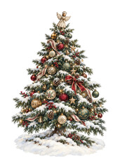 Obraz premium PNG Watercolor Christmas tree decorated with ornaments, ribbons, snow
