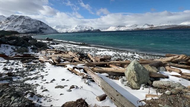 Snowy beach driftwood and Aleutian mountains, wide panoramic view of snow covered rocky beach. 
