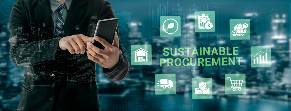 A businessman uses a smartphone in front of an urban skyline, illustrating the concept of sustainable procurement with icons representing green practices and technology. Ledger