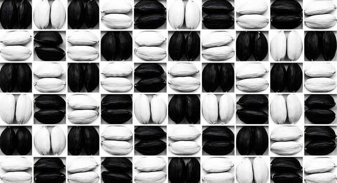 Sunflower Seeds Arranged in Alternating Black and White Pattern on Light Background
