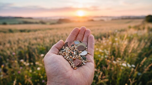 Farmer holding grains and coins in hand at sunset over a golden field symbolizing agricultural investment and harvest wealth
