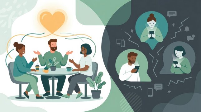 People sit at a table discussing the impact of social media on mental health while others use phones, showing contrasting experiences of connection.