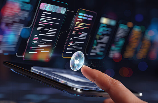 A human finger touches a glowing holographic thumb up icon floating over a digital device
