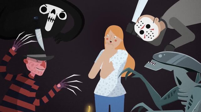 Scared woman surrounded by famous horror movie monsters in digital animated video footage clip