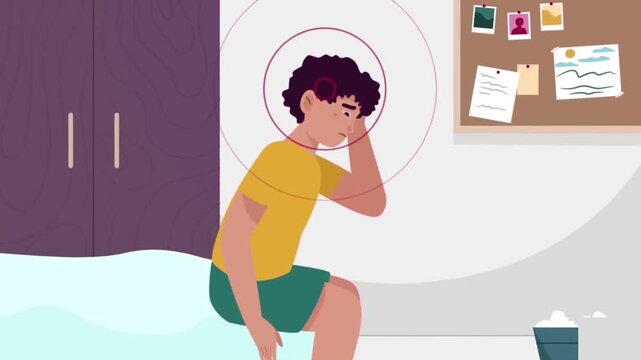 Young depressed boy experiencing severe headache and mental stress sitting inside a bedroom vector video footage