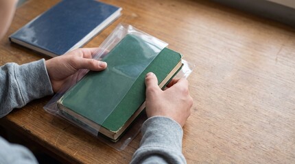 Obraz premium Person's hands carefully placing a green book into a clear protective plastic sleeve on a wooden desk