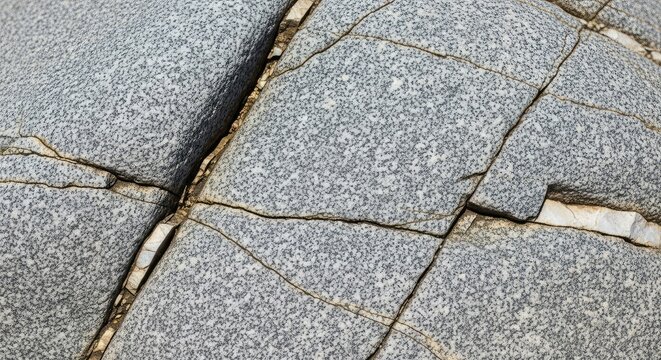 A macro shot showcasing the rugged surface of a weathered grey granite rock, featuring deep cracks, mineral veins, and natural erosion, material, surface, organic