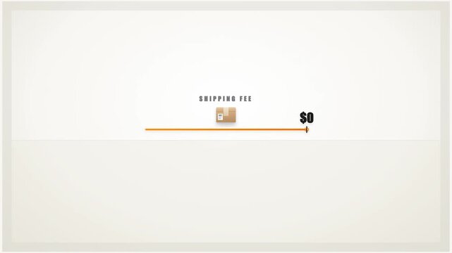 Dynamic free shipping discount animation showing delivery fee dropping to zero dollars with cardboard box on clean minimalist background.