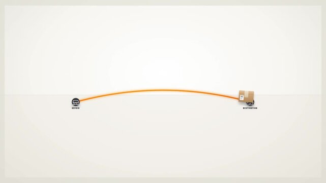 Ecommerce free shipping delivery route animation showing cardboard box moving from origin to destination on light minimal background.