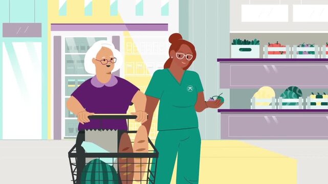 Elderly woman with shopping cart and caregiver purchasing fresh vegetables inside grocery store animated video footage