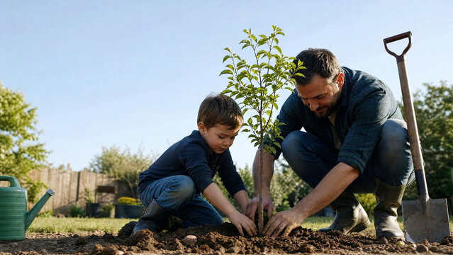 Father and son planting a young tree in the garden, family gardening and environmental conservation concept, little boy helping his dad with reforestation