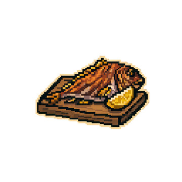 Pixel art grilled fish served with lemon slice on wooden board on transparent background