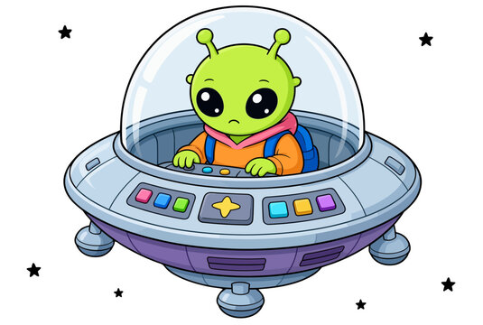 Cute Green Alien Flying a Colorful Spaceship Cartoon Vector