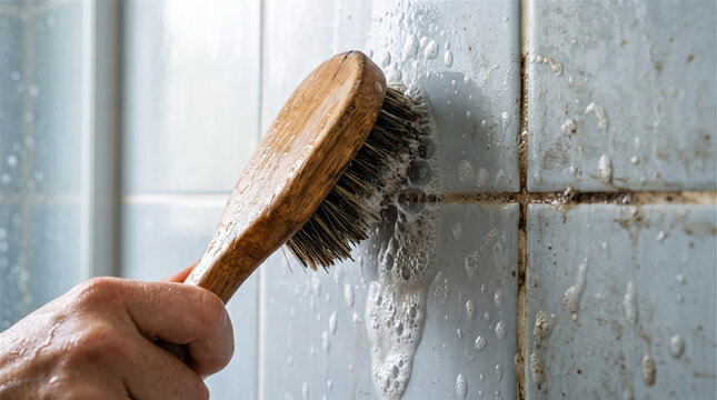 Hand uses a wooden scrub brush with soapy foam to clean dirty tile grout in a bathroom.
