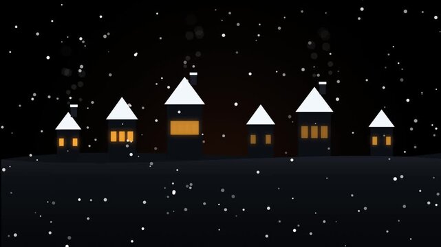 Snowy Village Illustration, Cozy Winter Scene, Festive Holiday Concept, Nighttime Landscape, Warm Light Glow with Houses
