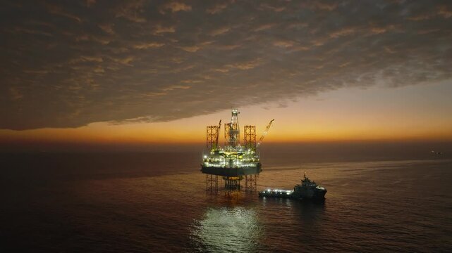Offshore drilling rig - jack up and offshore platform during sunset for oil and gas exploration and production. 
