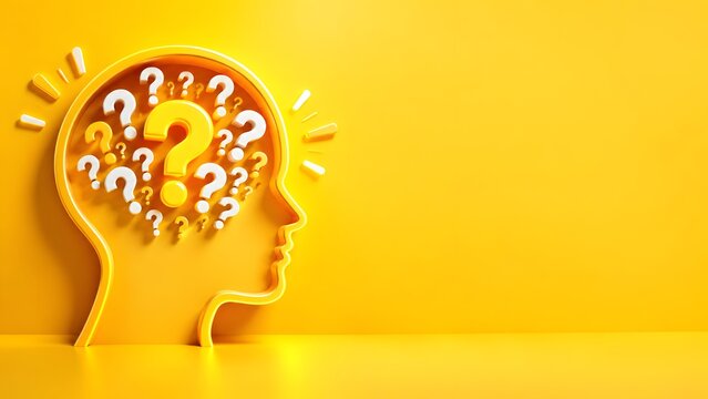 Yellow human head silhouette filled with question marks. Concept of problem solving and business decision making.