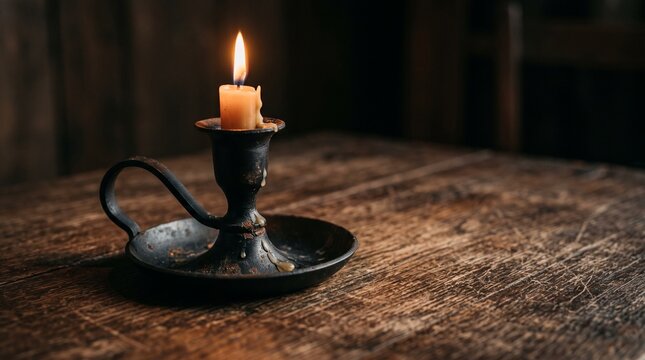 Lit yellow candle in a vintage black iron holder on a rustic dark wooden table in a dimly lit room