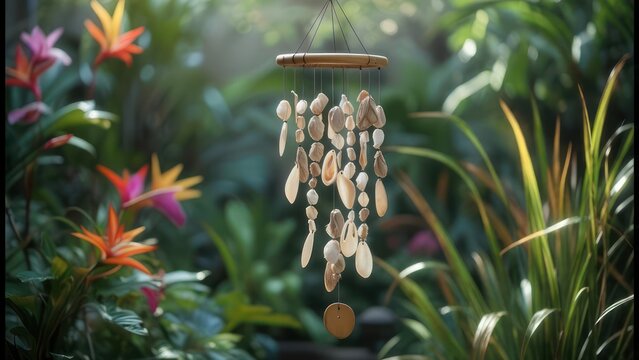 Wooden wind chime with seashells