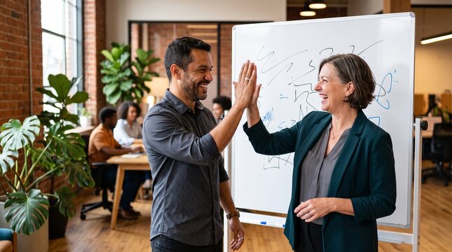 Diverse colleagues celebrate success with high five in modern office near whiteboard with drawings