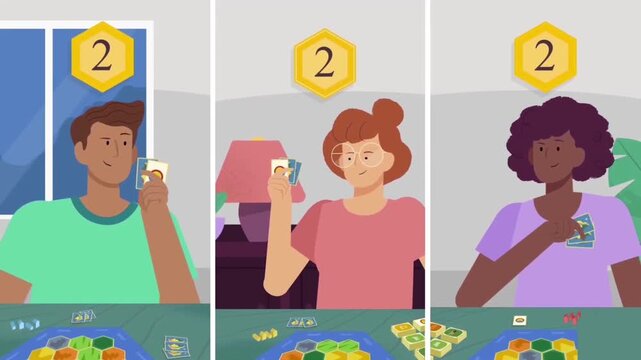 Diverse friends playing strategic board game together in animated video clip highlighting leisure time