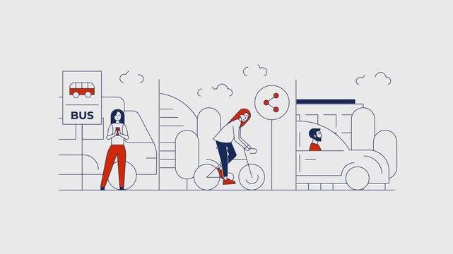 Urban mobility line art vector animation showing people commuting with public transport and bicycles in city video footage