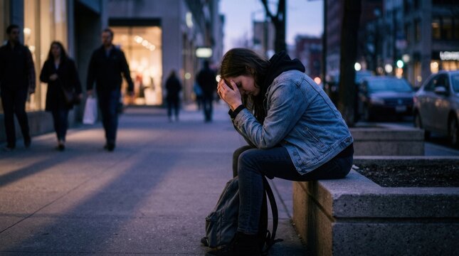 Young person sitting on a city bench head in hands feeling distressed and alone in the evening crowd