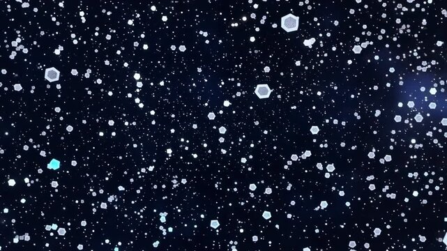 Abstract hexagonal ice crystals forming in dark frozen water during winter macro slow motion