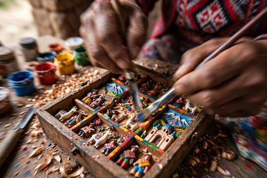 Close up of an Andean artisan hands painting and crafting a traditional Peruvian retablo wooden box filled with miniature cultural figurines and llamas with wood shavings and colorful paint jars