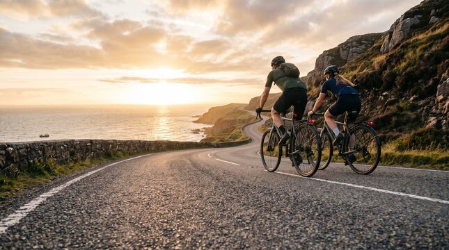 Two cyclists ride on a scenic coastal road at sunset with ocean views and dramatic cliffs