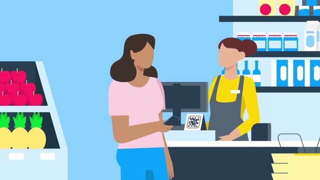 Customer paying with smartphone QR code at grocery store checkout counter digital video animation footage