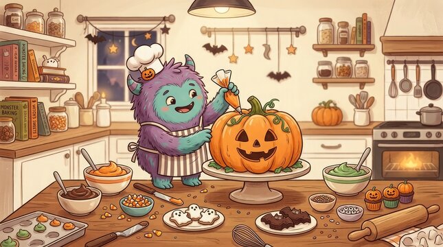 A charming halloween scene featuring a friendly monster baking with a cheerful jack o' lantern in a cozy kitchen