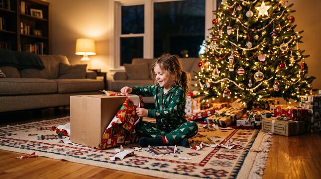 Young girl in pajamas excitedly unwraps a Christmas present next to a decorated tree