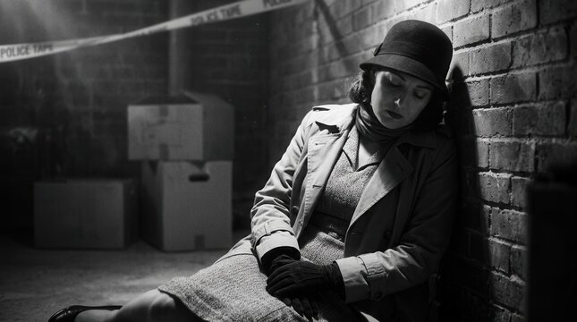 Vintage Woman in Trench Coat Fedora Hat and Gloves Slumped Against Brick Wall Police Tape Overhead Noir Crime Scene Black and White