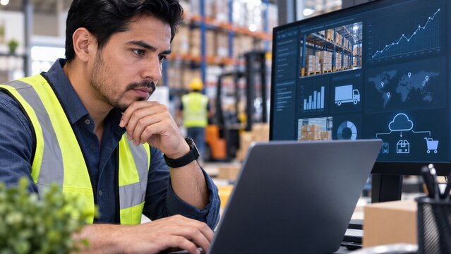 Efficient Business Analyst Utilizing Inventory Management Software on a Laptop, Overseeing Supply Chain Data and Warehouse Operations for Optimized Logistics.