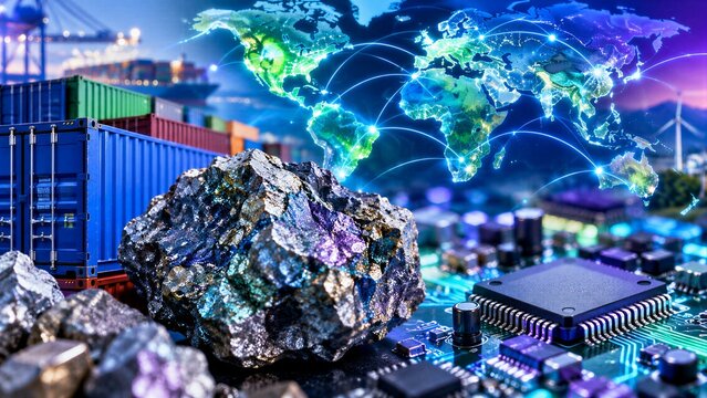 Rare Earth Elements and Critical Minerals: Global Supply Chain Logistics with Shipping Containers, Electronic Circuit Components, and an Illuminated World Map Illustrating