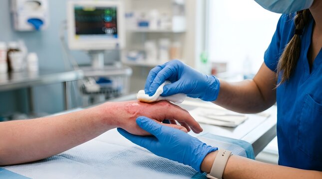 Professional healthcare provider wearing blue gloves and scrubs carefully cleaning a skin burn wound on a patient's hand using sterile gauze in a hospital or medical clinic environment.