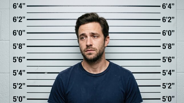 Police station mugshot background with man standing in front of height chart. Individual displays neutral expression under dim lighting in mugshot setup for background purposes.