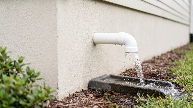 Sump pump discharge draining water into storm drain system. Plastic pipe facilitates sump pump discharge from house foundation.