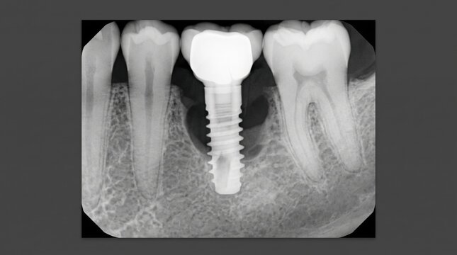 Dental implant radiograph demonstrating bone loss around implant and adjacent roots. Detailed dental imaging shows implant position and surrounding tooth structures.