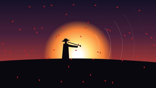 Minimalist 2D Vector Animation of Military Bugler Silhouette at Sunset with Seamless Loop, Veterans Tribute Campaign
