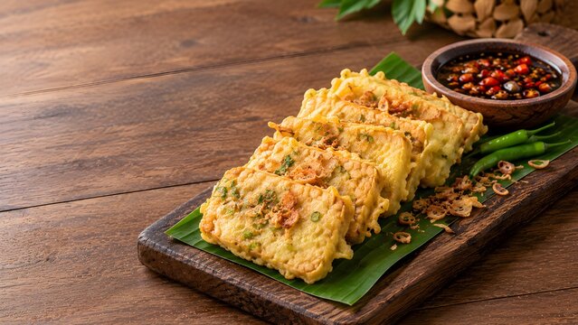 Traditional Indonesian tempe mendoan, lightly fried fermented soybean cakes coated in golden crispy batter, served on a banana leaf with fresh green chilies and spicy sweet soy sauce on a rustic woode