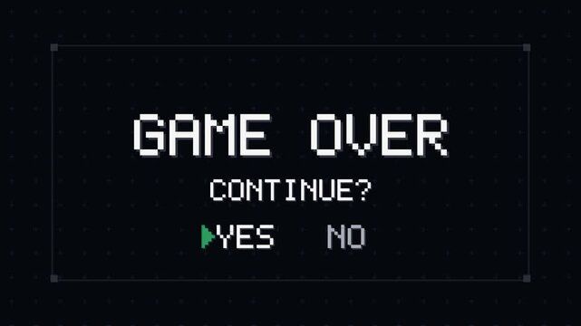 Retro 8-Bit Pixel Art Game Over Text with Continue Prompt Shattering into Glitch Particles Animation