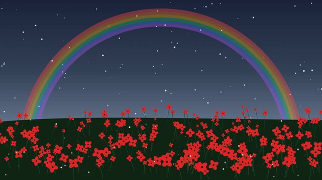 Flat Illustration Rainbow Arching over Red Flower Meadow with Seamless Loop, Hope and Renewal Concept for Mental Health Campaign