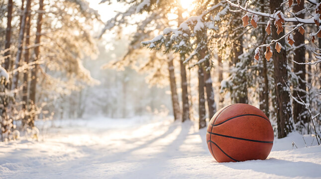 Basketball Ball On Snow Field In Winter Forest