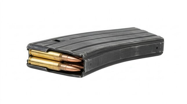 Tactical Rifle Magazine Loaded with Two Brass Cartridges on White Background