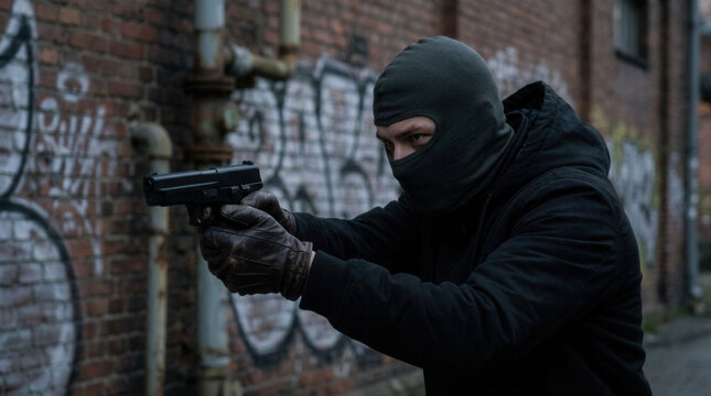 Tense Criminal Aiming Firearm In Grungy Urban Alleyway