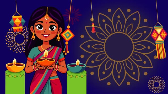 Festive Diwali motion graphic featuring an Indian woman in a colorful sari holding a glowing diya, surrounded by lanterns, lotus designs, decorative lamps, and traditional patterns